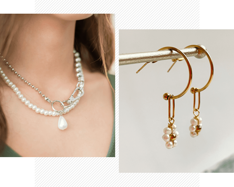 Image showing a close-up of a woman's neck adorned with a layered pearl necklace and a separate image of gold hoop earrings with hanging pearls.