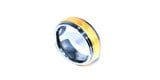 A Tungsten & 10K Yellow Inlay 8mm Milgrain & Ridged Band Size 9.5 with a gold band around the center and a silver band around the edges on a white background.