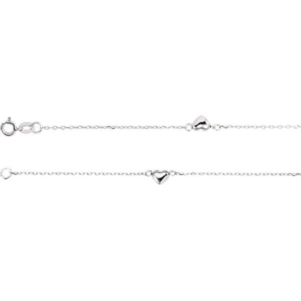 14k White Gold Anklet with small heart-shaped pendants and a clasp on one end.