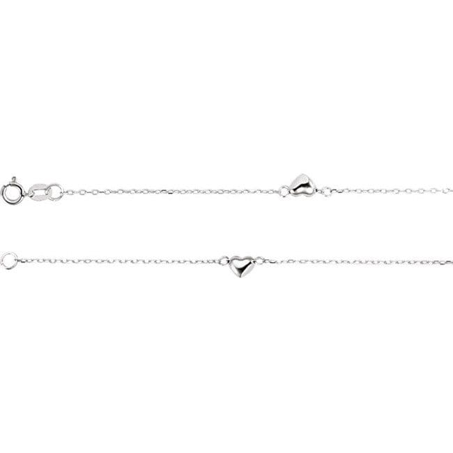 14k White Gold Anklet with small heart-shaped pendants and a clasp on one end.