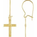 A pair of 14K Yellow 13x10 mm Heart Design Cross Earrings (Youth), with one earring showcasing the cross pendant and the other showing the hook attachment.