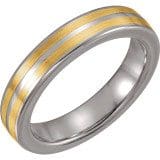 A polished silver ring featuring two parallel gold bands encircling its center is replaced by a Tungsten & 14K Yellow 4.3mm Domed Band Size 9.5.