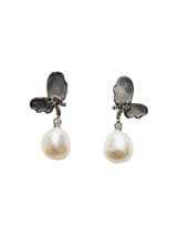 A pair of 925 Sterling Silver Butterfly-Designed Natural Pearl Earrings 0.96 Inches each featuring a large dangling white pearl.