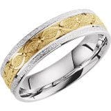 A two-tone Pattern Band featuring a central gold band with intricate patterning, bordered by thin silver bands on both sides.