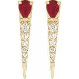 14K Yellow Natural Ruby & 1/8 CTW Natural Diamond Spike Earrings featuring a red teardrop-shaped top and five round white stones lined vertically.
