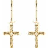 14K Yellow 13x10 mm Cross Earrings with intricate designs and diamond-shaped accents at the center, hanging from hooks.