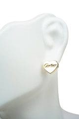 A mannequin head displaying 18k Heart-Shaped Earrings with the word "Love" inscribed in script.