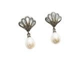 925 Sterling Silver Shell-Designed Natural Pearl Earrings 0.96 Inches with fan-shaped tops and dangling white pearls.