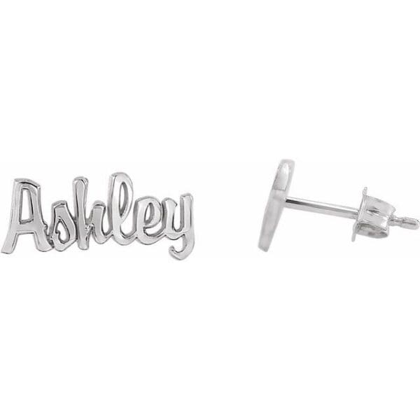 14K White Script Nameplate Earrings