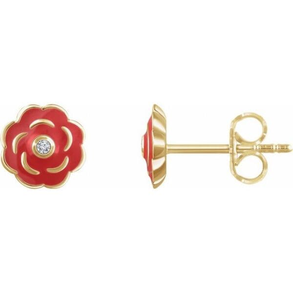 10K Yellow .01 CTW Natural Diamond Enamel Flower Earrings