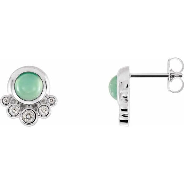 14K White  Natural Green Chrysoprase  & 1/8 CTW Natural Diamond Earrings