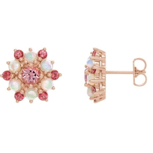 14K White Natural Pink Tourmaline & Natural Ethiopian Opal Cabochon Earrings