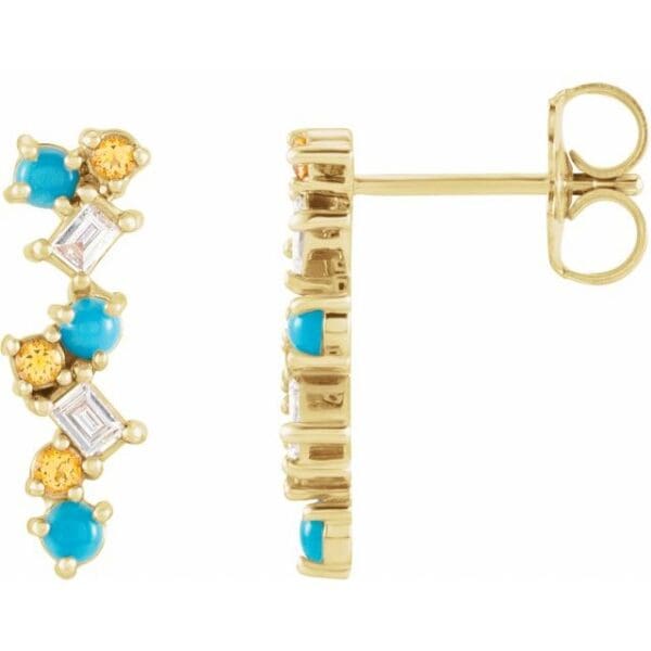 14K Yellow Natural Ethiopian Opal, Natural Pink Sapphire & 1/10 CTW Natural Diamond Scattered Bar Earrings