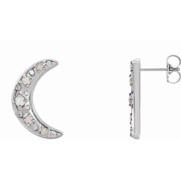 Platinum Natural White Opal & 1/8 CTW Natural Diamond Crescent Moon Earrings