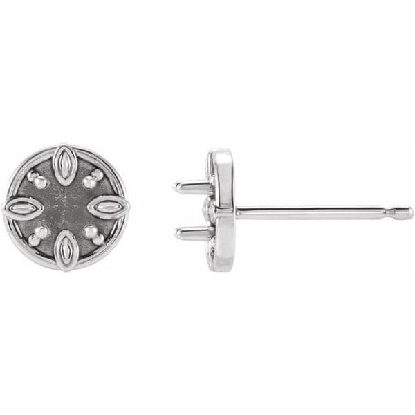 14K White 3 mm Round Floral-Inspired Earring Mounting