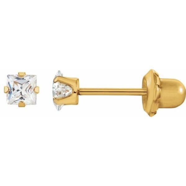14K White 3 mm Square Imitation White Cubic Zirconia Piercing Stud Earrings