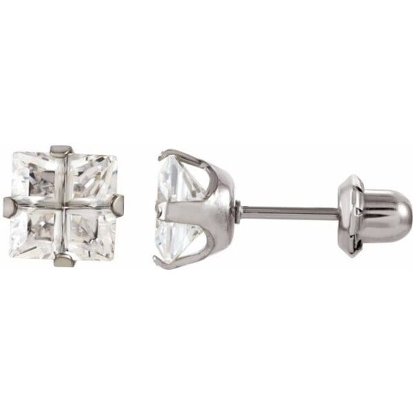 Stainless Steel 3.5 mm Square Imitation White Cubic Zirconia Piercing Stud Earrings