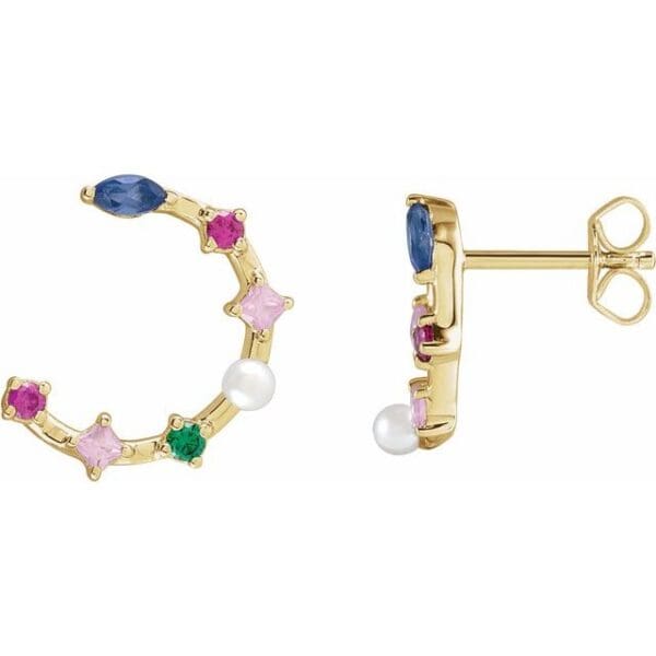 14K Yellow Cultured White Freshwater Pearl & Natural Multi-Gemstone Earrings