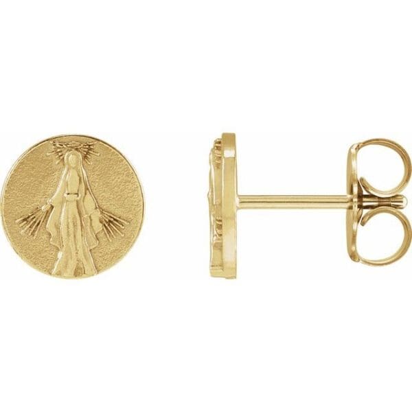 14K White Tiny Miraculous Medal Stud Earrings