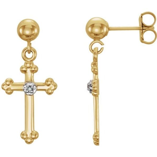14K White .005 CT Natural Diamond Cross Earring