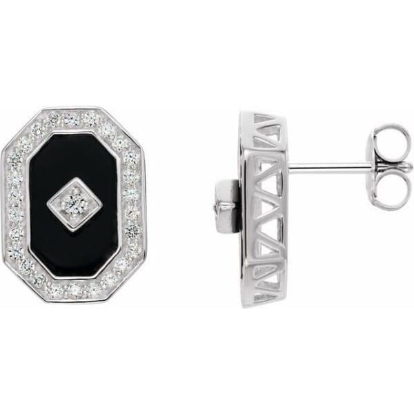 Sterling Silver Natural Black Onyx & Imitation White Cubic Zirconia Halo-Style Earrings