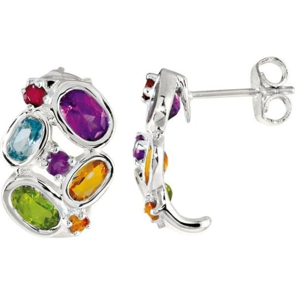 Sterling Silver Multi-Gemstone J-Hoop Earrings
