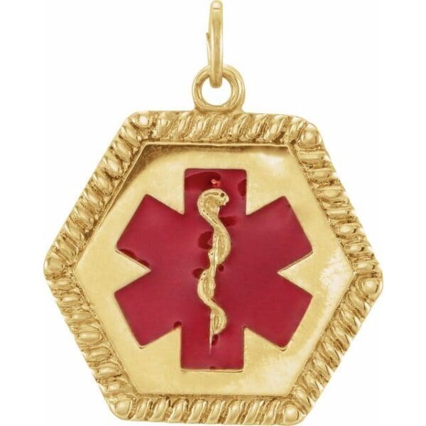14K Yellow 20.5x19 mm Engravable Red Enamel Medical Identification Pendant