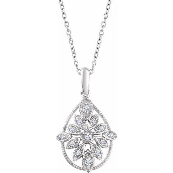 14K White 1/6 CTW Natural Diamond Granulated Filigree 16-18" Necklace
