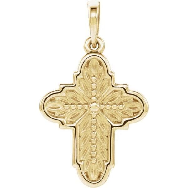 14K Yellow Ornate Leaf Cross Pendant