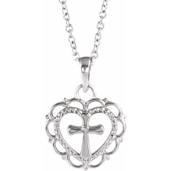 14K White Youth Heart with Cross Pendant