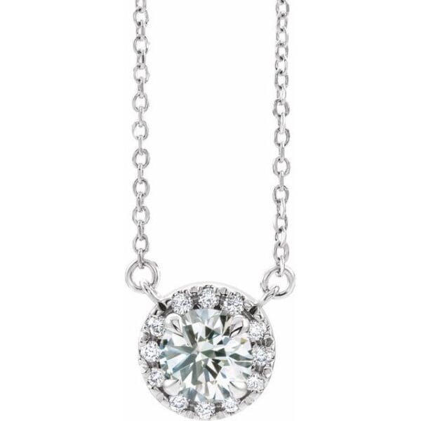 14K White 3 mm Round French-Set Halo-Style Necklace Center