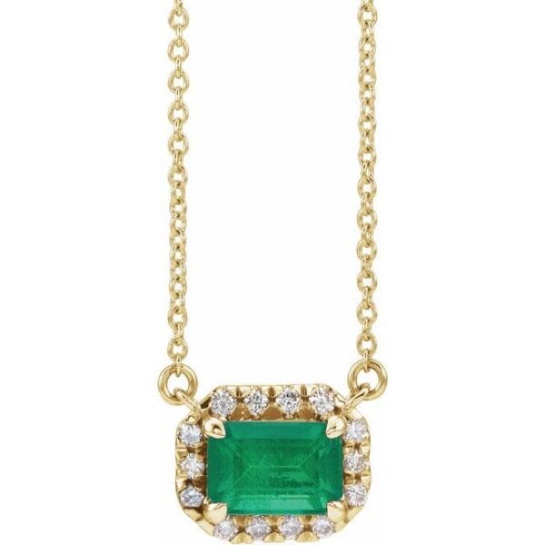 14K White 6x4 mm Emerald French-Set Halo-Style Necklace Center