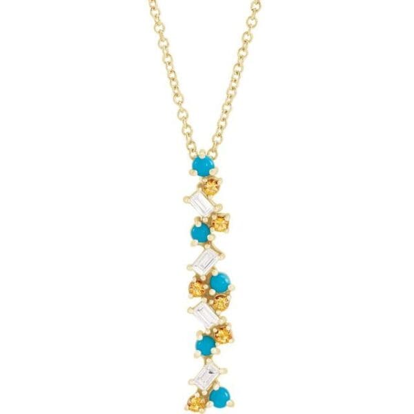 14K Yellow Natural Ethiopian Opals, Natural Pink Sapphires & 1/8 CTW Natural Diamond Scattered Bar 16-18" Necklace