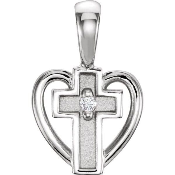 14K Yellow .01 CT Natural Diamond Cross & Heart Pendant