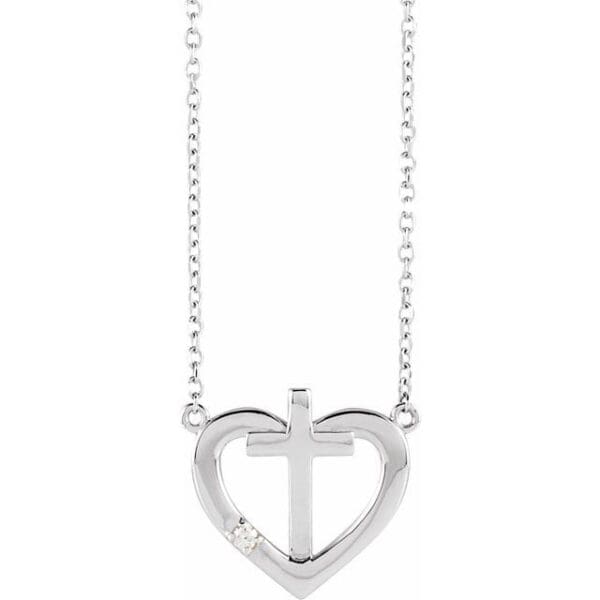 14K White .015 CT Natural Diamond Heart & Cross 18" Necklace