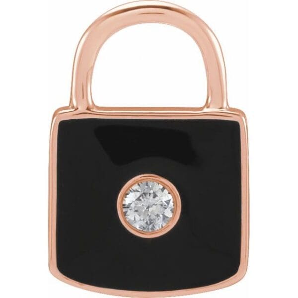 14K Yellow .035 CT Natural  Diamond & White Enamel Lock Charm/Pendant