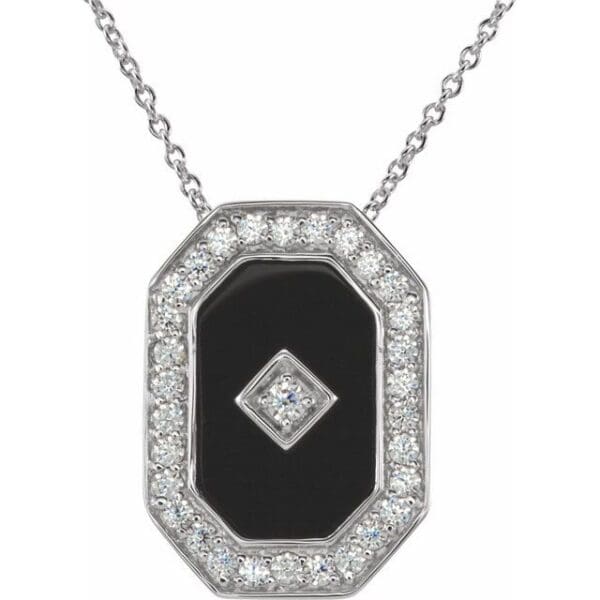 Sterling Silver Natural Black Onyx & Imitation White Cubic Zirconia Halo-Style 18" Necklace