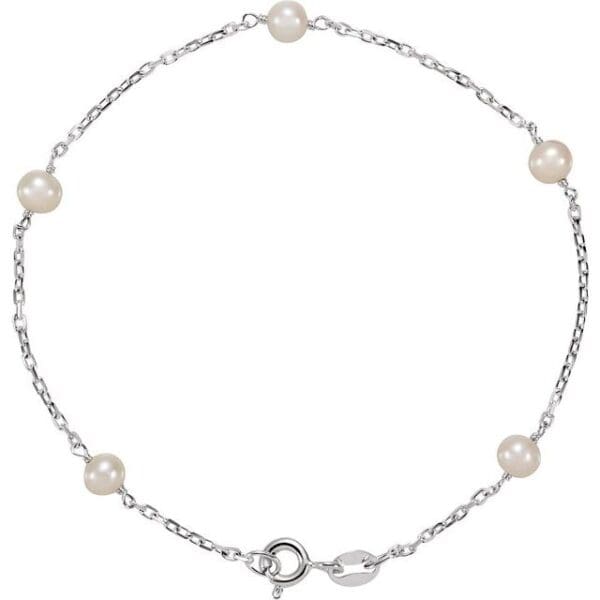 Sterling Silver Cultured White Freshwater Pearl 5-Station 7" Bracelet