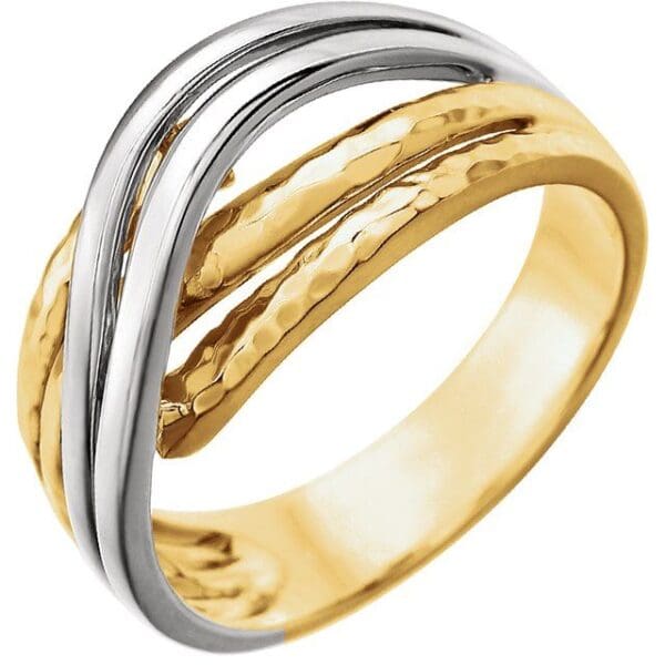 14K Yellow/White Rhodium-Plated Criss-Cross Hammered Ring