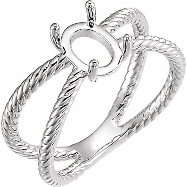 14K White 8x6 mm Oval Cabochon Rope Ring Mounting