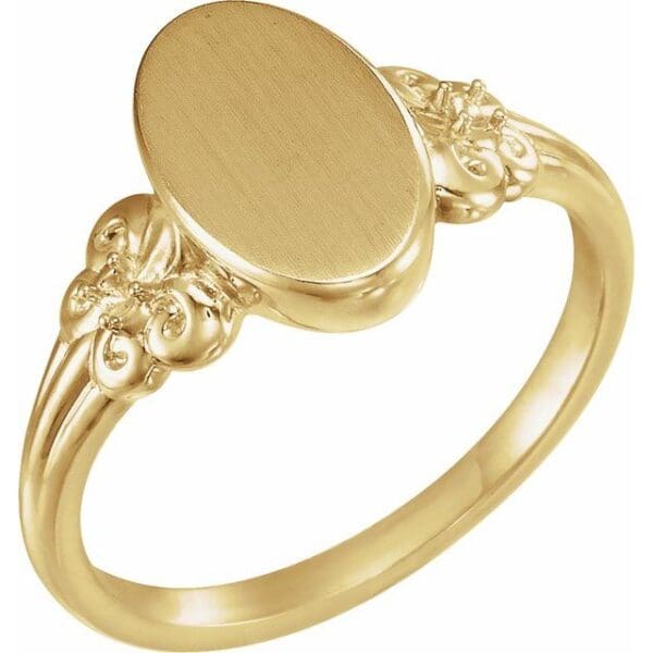 14K Yellow 1.5 mm Round  12x8 mm Oval Fleur-de-lis Signet Ring