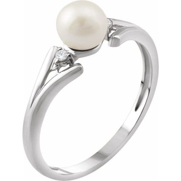 14K White Cultured White Freshwater Pearl & .03 CTW Natural Diamond Ring