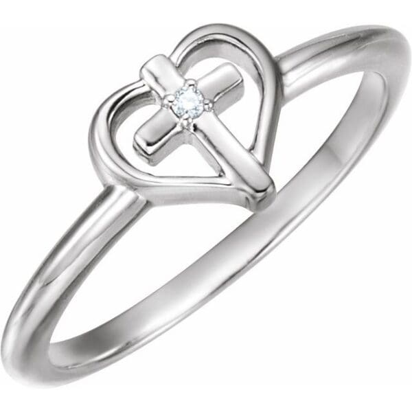 14K White .01 CT Natural Diamond Cross & Heart Ring