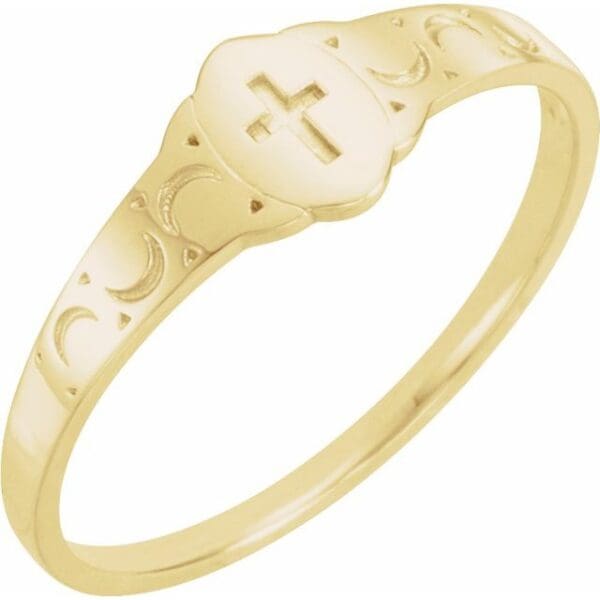 14K White 5x3 mm Oval Youth Cross Signet Ring