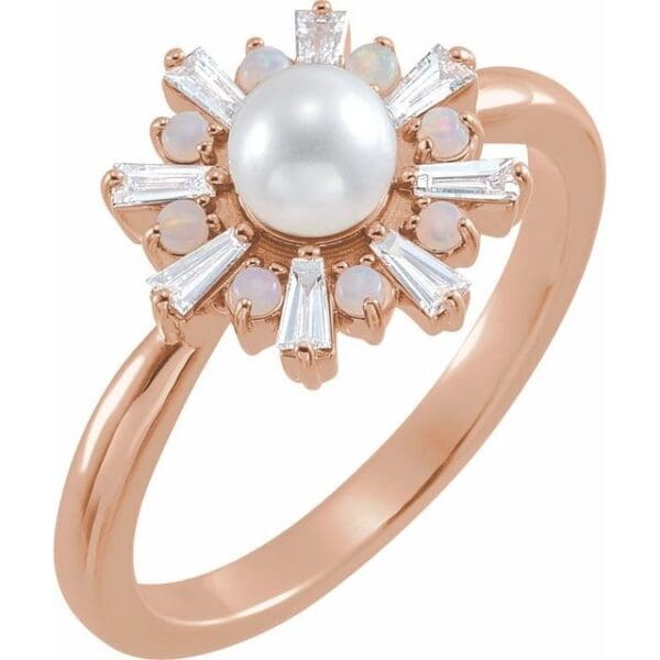 14K Yellow  Cultured White Akoya Pearl, Natural White Opal & 1/4 CTW Natural Diamond