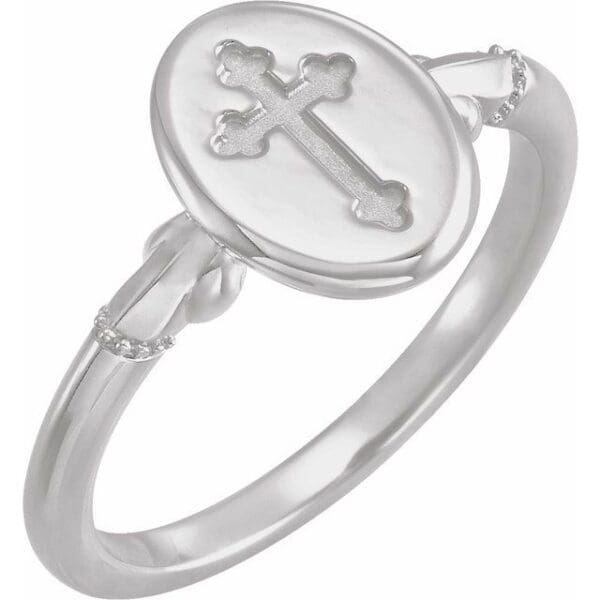 Sterling Silver 11.5x8.8 mm Oval Cross Signet Ring