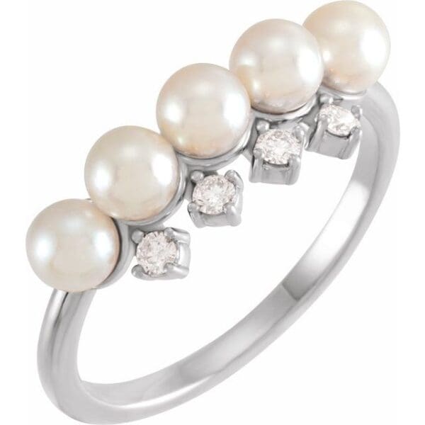 14K Rose Cultured White Akoya Pearl & 1/8 CTW Natural Diamond Stackable Ring
