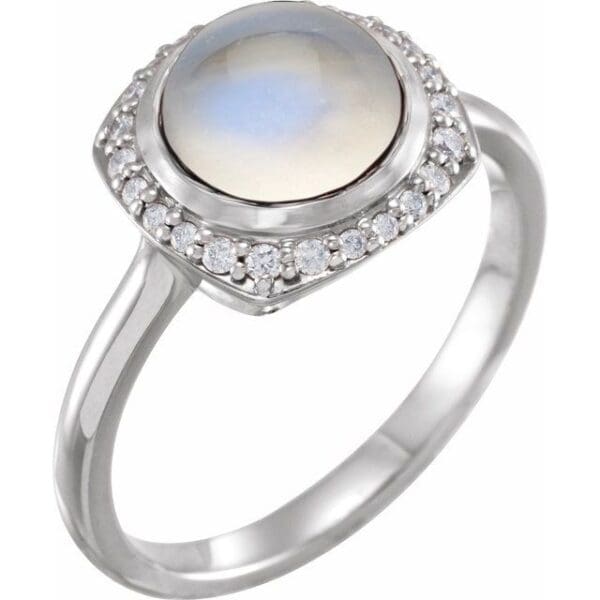 14K White 8 mm Round 1/8 CTW Natural Diamond Semi-Set Halo-Style Cabochon Ring