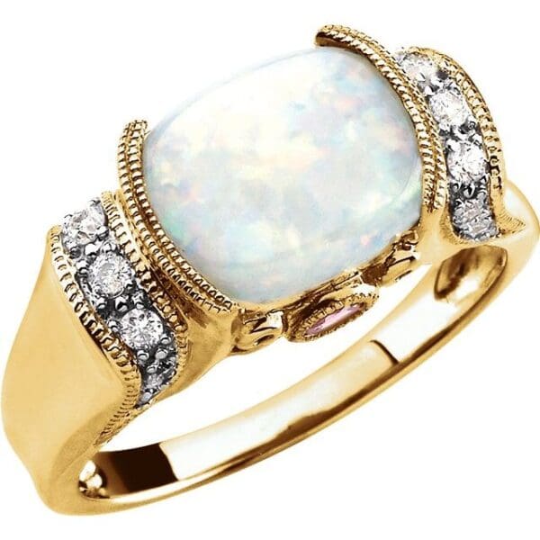 14K Yellow/White Natural White Opal, Natural Pink Tourmaline & 1/6 CTW Natural Diamond Ring