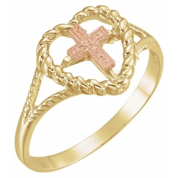 14K Yellow/Rose Heart Cross Ring